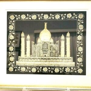 Embroidery Taj Mahal Architectural Zardozi Gold Framed Picture on Black Velvet